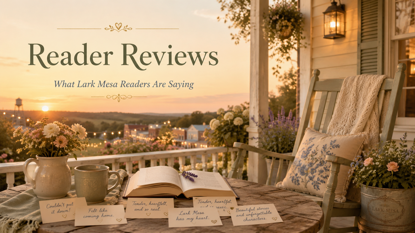 Cozy Lark Mesa porch with reader review cards, open book, flowers, and Reader Reviews title