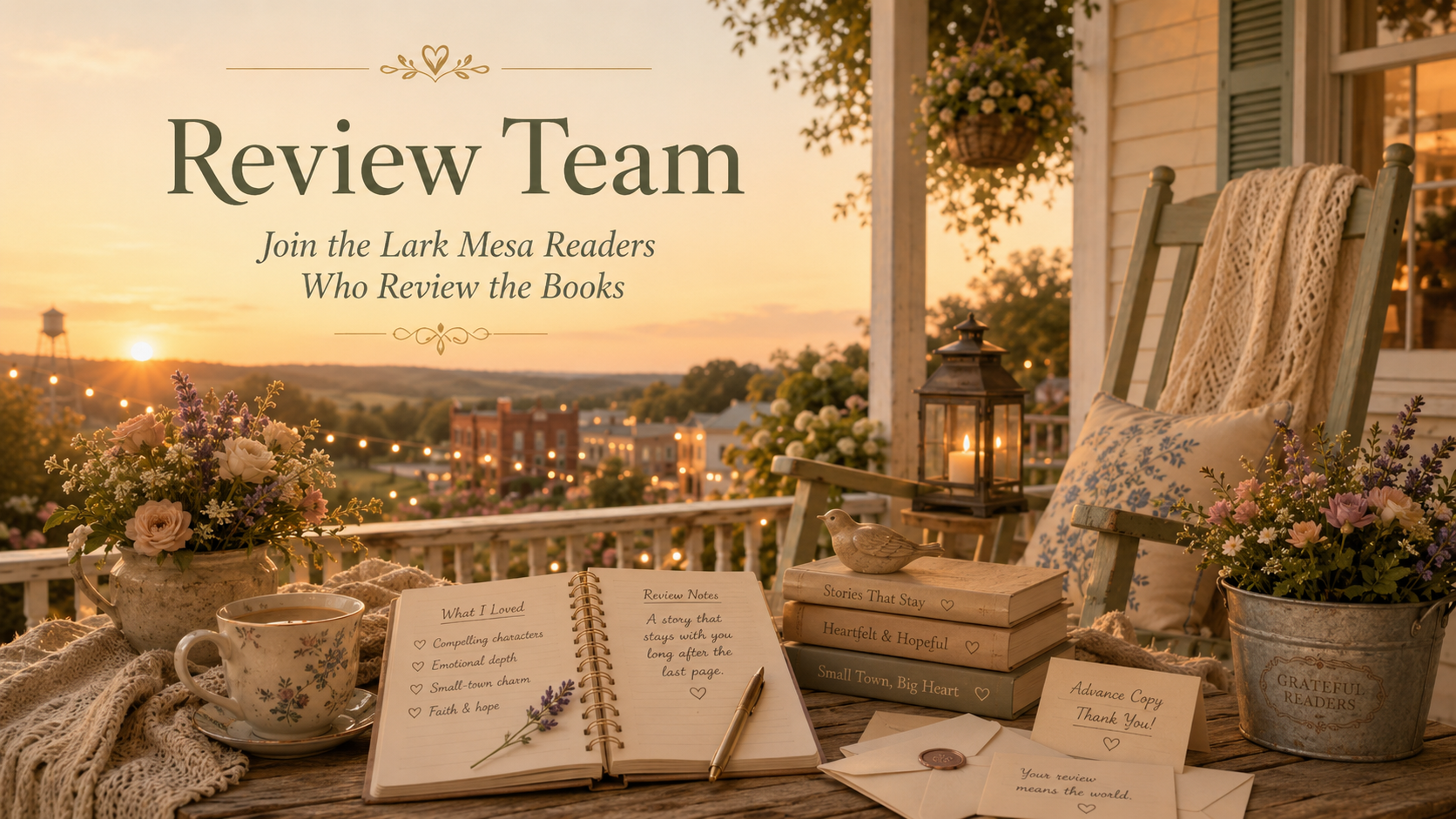 Cozy Lark Mesa porch with review notes, books, flowers, and Review Team title