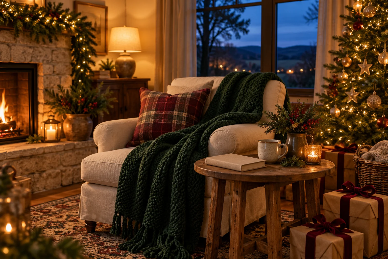 Illustrative Christmas reading corner with a green throw, a plain book, wrapped gifts and a softly lit tree beside the fireplace.