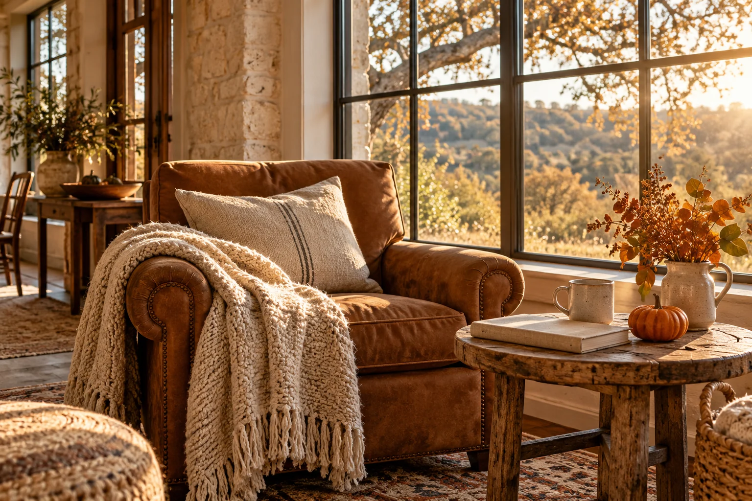 Illustrative autumn reading nook with a leather armchair, knitted throw and a warm drink in golden window light.