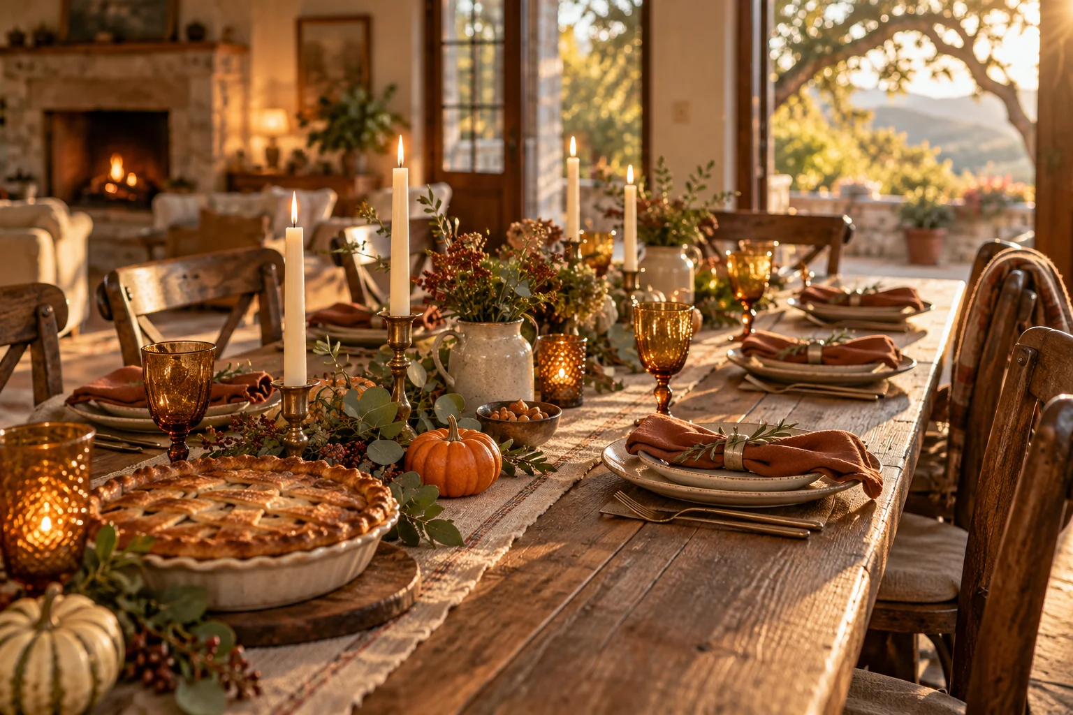 Illustrative Thanksgiving table with autumn linens, amber glassware, pie and candlelight in a warm farmhouse dining room.